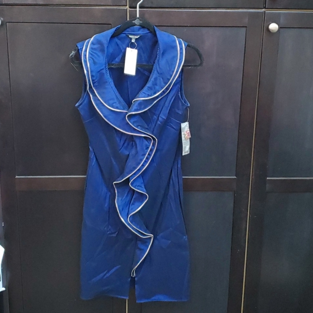🆕 NWT Samuel Dong Navy Blue Zipper Ruffle Sleeveless Dress